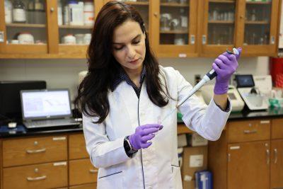 Young woman with long dark hair wearing labcoat and gloves works to extract DNA samples in the lab at Southern Piedmont AREC,